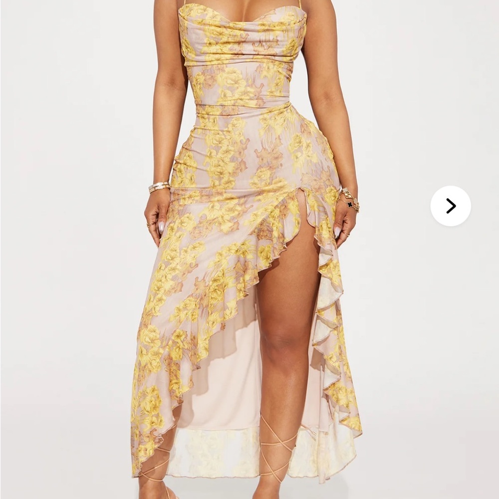 Fashion Nova Yellow Floral Asymmetrical Midi Dress